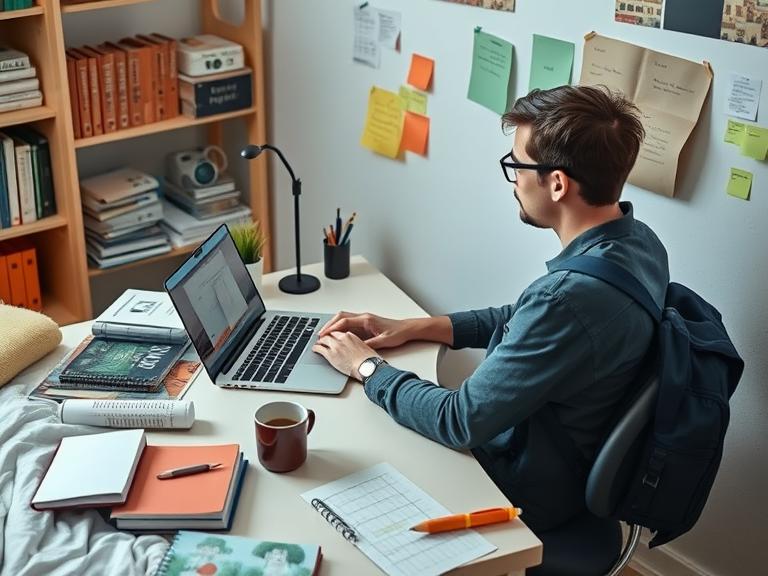 A college student using an affordable laptop in a dorm room setting