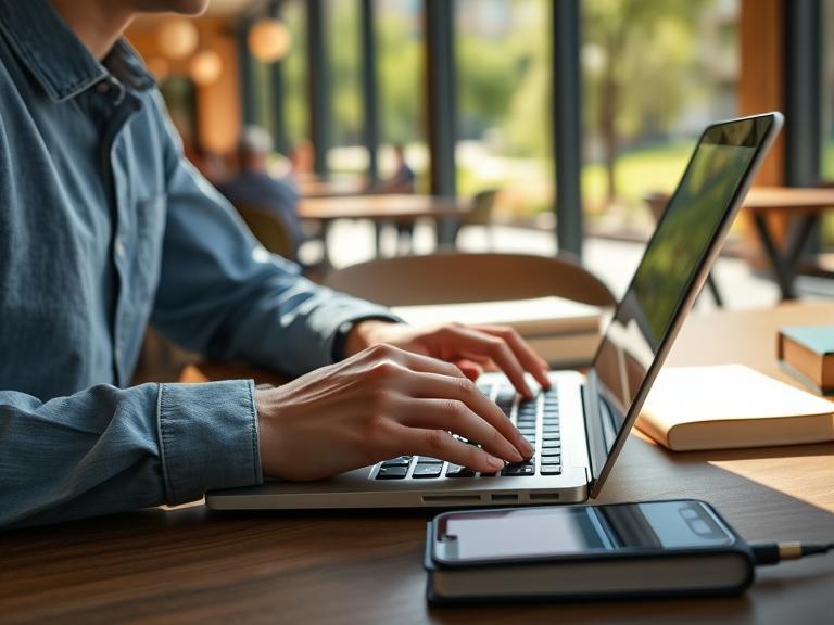 A student using a budget laptop with long battery life at a college café